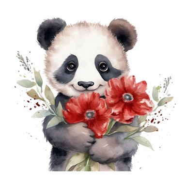 watercolor clipart image of a happy looking baby panda holding some red flowers, disney style, white background, no shading