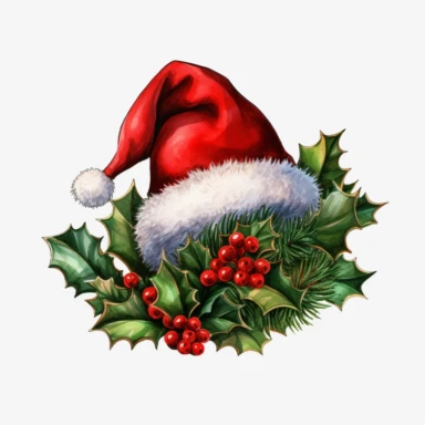 red santa claus hat and small Holly Berries Plant Isolate on Hat Clipart, lateral view, clipart, transparent background, clear background, green leaves, high resolution, watercolor, vector, 12k, 300 dpi, 12: 12 ratio