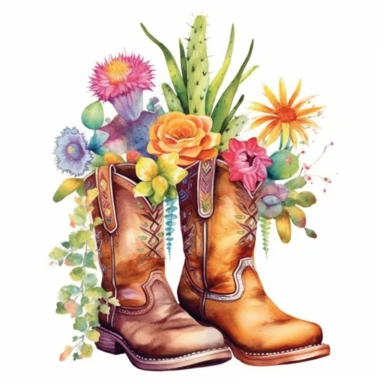 Design an enchanting watercolor clipart illustration on a white isolated background vector, showcasing beautifully embellished leather cowboy boots with intricate and colorful floral motifs, harmoniously set amidst a serene desert landscape teeming with a diverse array of cacti and succulent plants. Draw inspiration from the artistic style of Anne Abgott, a talented watercolor artist celebrated for her harmonious color palettes and luminous atmospheres, to create a composition that exudes tranqu