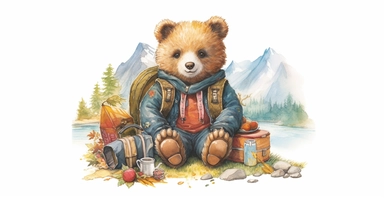 Adorable teddy bear on adventure, camping gear, forest, clipart, vivid colours, ornamental watercolor, white background, I can’t believe how beautiful this is