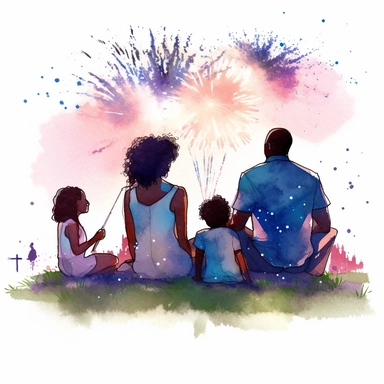 black family watching Fourth of July fireworks, sitting on blanket on grass, clipart, watercolor style, defined edges, white background