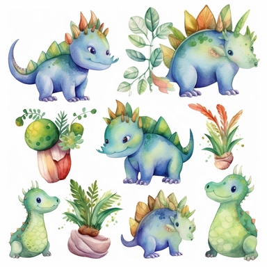 watercolor cute little and big dino Triceratops, Diplodocus, Pteradactyl, Dragon, Stegosaurus characters, herbivorous and predatory reptiles characters, green leaves and branches, dino eggs, palm, volcano and stones, alphabet letters and numbers illustration clipart