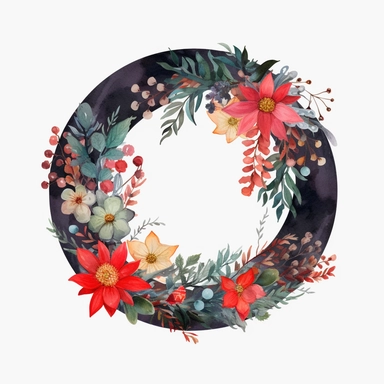 Christmas circle flower Christmas watercolor composition with twigs on a white background. wreath, frame, and border. Greeting card, poster, or banner with space for text CUTE STICKER Frealistic cartoon in 32K UHD cute. 15 cm thick outline. Black color. There was no shadow on the ground. 8K with realistic watercolors and detailed illustrations. PNG clipart, transparent white background