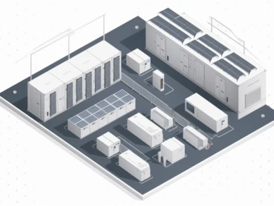 A crisp clipart illustration of a 10 MW energy storage system, visually similar to a Tesla Megapack, seamlessly integrated with an electrical grid installation. The image is designed to have a clean white background, perfect for use in an investment opportunity teaser presentation. The illustration showcases the energy storage units, clearly labeled with their capacity, alongside the grid infrastructure components, emphasizing their interconnectivity and efficient design. The graphic is rendered