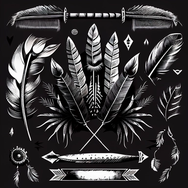 Aztec style feathers and bow and arrows Amazon new age couch retro style black and white clip art paper layered ultra resolution