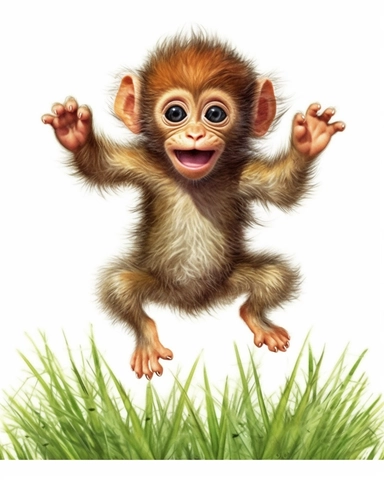 detailed watercolor Baby Monkey jumping on grass , hyper realistic, isolated on a white background, clipart