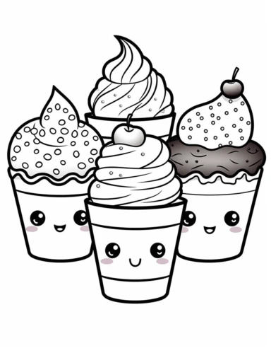 Kawaii Cake Icecream with delightful designs and flavors, like blueberry, chocolate chip, and banana For Simple Coloring page,line art, thick lines, black and white,clipart, illustration, on white background,margin Page 10px
