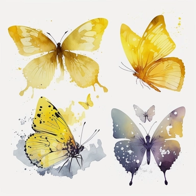 watercolor 4 butterflies clipart, flying around 4 butterlies, full yellow, bright color, no outlines, white background, no text