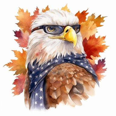 a majestic bald eagle with outstretched wings, American flag scarf and sunglasses, New England lighthouse, autumn foliage, watercolor, anime-inspired character designs, hyper-realistic animal illustrations, 2d game art, quadratura, clipart, on white background,