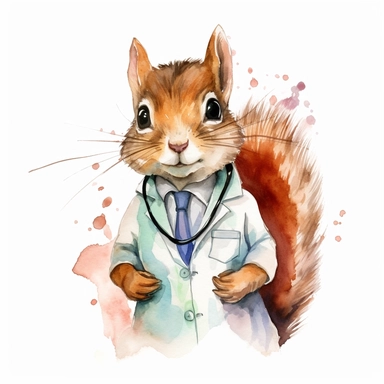 watercolor clipart, vey cute squirell, wearing a stethoscope and a white coat, working as a veterinarian, watercolor style, realistic, bright colors, 300 dpi, 8k, white and clear background, high solution