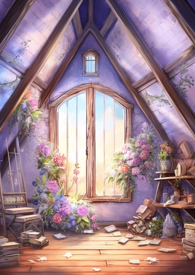A realistic high detailed fairytale style attic corner with watercolor effect,suitable for digital clipart,white background,magical flowers,magical scene,fairy vibrant colors,pink,purple,lavender,