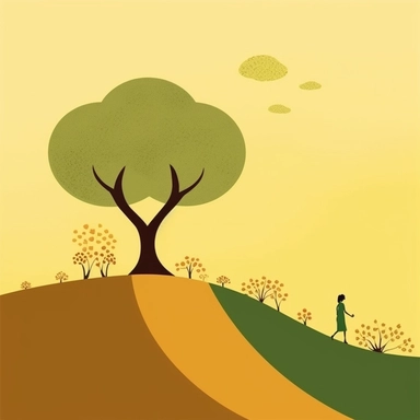 create a basic illustration clipart, super minimalist, very basic colours, with the silhouette of a woman climbing a large and thought mountain, a beautiful small tree at the top of the mountain representing success that the lady is looking for, motivational image, with very basic forms, basic and light yellow, brown and green shades, with very tiny flowers on the road of the small lady is walking towards the top.