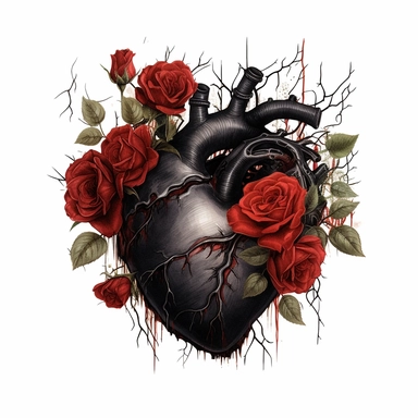 anatomical black heart with red roses clipart, white background