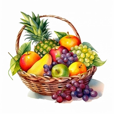 one basket fruit watercolor clipart on white Background, in the style of elaborate fruit arrangements, realistic landscapes with soft, tonal colors, colorful pixel-art, extravagant table settings, wimmelbilder, nature scenes, tightly cropped compositions , no watermark, text, words, paintbrush, 300 DPI , typography, the images do not stick together, no text in the picture, there are no words in the tree