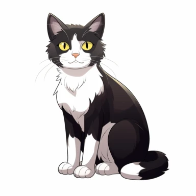 cute cartoon cat, black and white cat, black face with a little bit white by mouth, a lot of white on chest, white paws, black legs, yellow eyes, full body sitting, white background, clip art, vector graphic