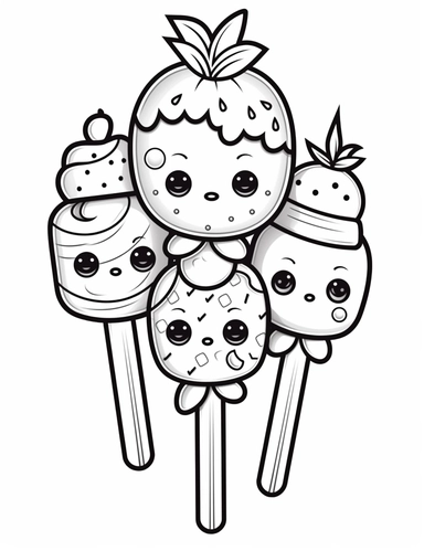 Visualize a kawaii fruit kebab, with cute fruit pieces skewered together. Use a variety to make it look appetizing and healthy! For Simple Coloring page,Big eyes,line art, thick lines, black and white,clipart, illustration, on white background,Detailed,Details