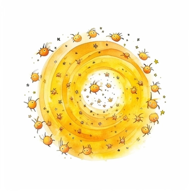 a lot of little yellow stars flying in a spiral. Pixar childrens book cartoon style, detailed, modern, urban, watercolor, full color, flat color, white background, children book illustration. Watercolor clipart. Pixar animation
