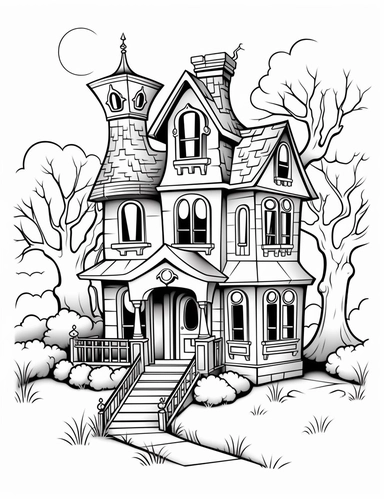 clipart friendly cartoon simple haunted house in the style of Pierre-Auguste Renior black and white child's coloring book, black and white smooth thick lines, solid white background, no background
