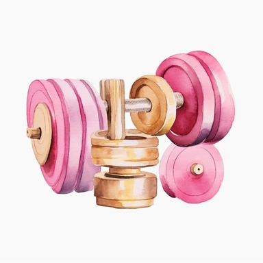 sweet pink and gold hand-painted in watercolors, workout equipment clipart, dumbbell clipart , isolated white background, single design, sharp, bold, hand-paint