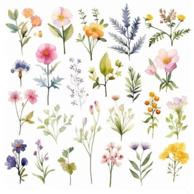 watercolor whimsical clipart with white background, large arrangement of wild flowers, muted colors, high quality--no mockups, watermarks, numbers, writing, letters--q2--v5.1--s1000