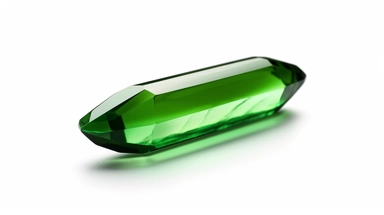 photo of a green elongated gemstone crystal on a white background with bright highlights on the edges, photorealism, studio lighting, clipart photo-realistic, ultra sharp, simplicity, higher coherence, minimalism, ultra detailed, hyper realistic details, beautiful, modern, OC rendered, 32k uhd , insane details, intricate details, Photoshoot, Depth of Field, captured with Phase One XF IQ4 camera , 200 Mega Pixel lens,