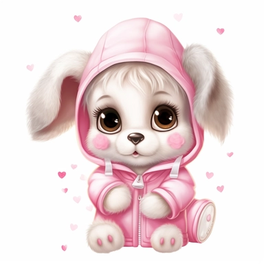 kawaii a very cute cuddly eyes happy puppy wearing a pink coat giving out heart's clipart Easter spring bunny scrapbooking Crafton digital paper white background