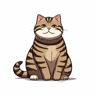 Cute cartoon happy cat, overweight dark STRIPED brown tabby cat with big ears, A LOT OF TIGER black strips, brown fur, brown chest, dark brown eyes, full body sitting, white background, clip art, vector graphic