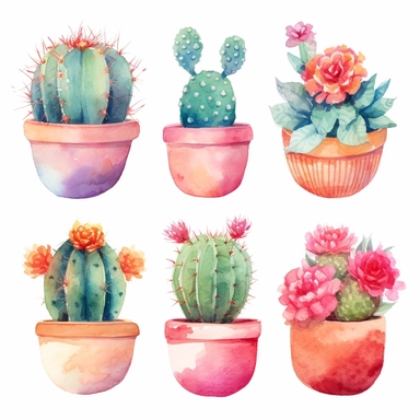 6 Watercolor cactus in a vase clipart, hd, isolated on white background, spaced out ar 3:2 s1000