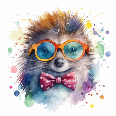 please create watercolor clipart of a porcupine smiling, wearing party GLASSES AND BOW TIE and bubbles, colorful, WHITE BACKGROUND