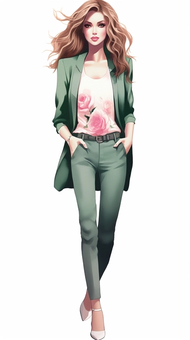 Faceless clipart, Boss girl clipart, Fashion illustration, woman clipart, Look Clipart, Fashion clipart, woman clipart, pink and green toned, royal, cartoon, painting