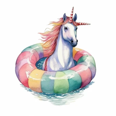 inflatable unicorn dingy, watercolour, summer, clipart, white background,