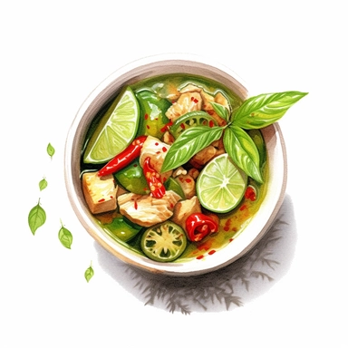 watercolor, hyper realistic, white background, white margins, 16k, ultra detailed clipart, cut out image, hand-drawn a spicy Thai green curry with chicken, served in a ceramic bowl with a side of steamed rice, and garnished with basil leaves, chili peppers, and lime wedges. in the style of anime art, frostpunk, photo-realistic drawings, villagecore, lively and energetic, high quality, anime