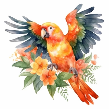 vibrant watercolor cute tropical orange parrot flapping wings with flowers and leaves surrounding his feet clipart isolated no background