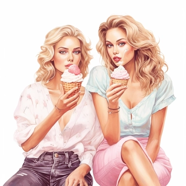 beauty girls eating ice creams on a party digital clipart on white background