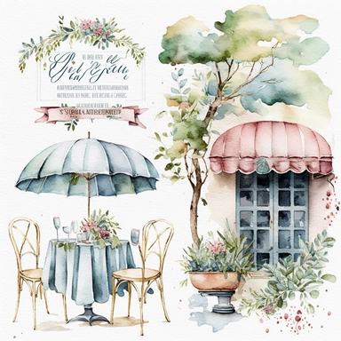 vintage french outdoor bistro watercolor clipart