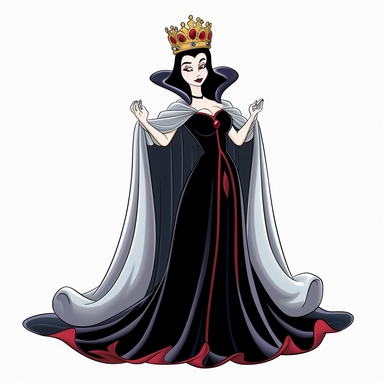 2d thick-lined clipart illustration of an evil but beautiful countess, in the style of 1959's sleeping beauty movie, white background