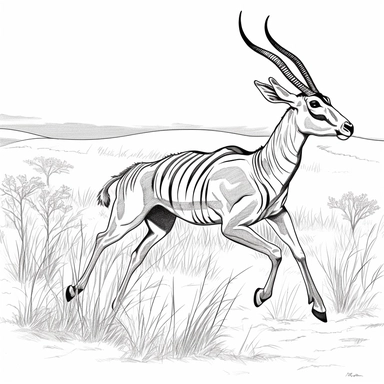 Draw a clipart-style illustration in black and white with simple outlines and bold lines of an antelope running with its long legs as fast as the wind. Make sure to leave some space for children to color. Add a simple and linear background that fits the anecdote and is suitable for coloring. Black ink on white.