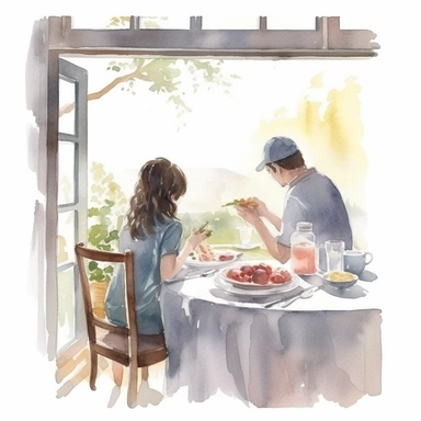 watercolor, hyper realistic, white background with margins, 8k, ultra detailed clipart people enjoying breakfast together, such as a couple, a family, or friends., by the window, countryside view
