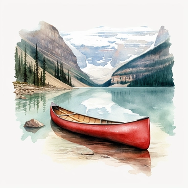 Watercolor clipart of lake louise with small red canoe, dynamic color, clean and highly detailed, soft color, sharp focused, watercolor art on white background