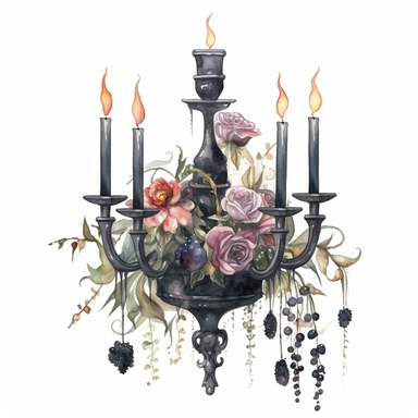 watercolor,gothic candelabra, dripping candel wax, surrounded by dark flowers at the base, highly detailed realistic, dark witchcraft, paint art style, clipart, white background, superrealistic, one of a kind