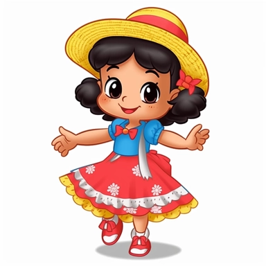 a cute afro little girl dressed for a brazilian junina party, with a blue and yellow flowing dress, braids in her hair, red shoes, happy, Monica's gang style, Graphics Maurício de Sousa, digital art, big eyes, cartoon, clipart , country girl from festa junina from brazil cute drawing white background