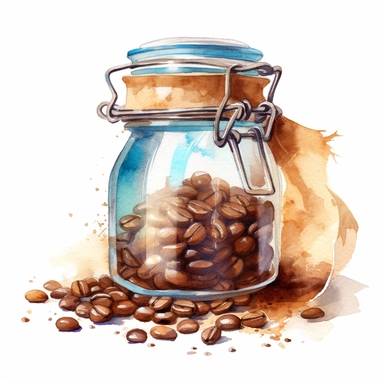 clipart, watercolor, Coffee beans spilling out of a bag or jar, soft tones, food art, clipart, clear border, hd, on white background,