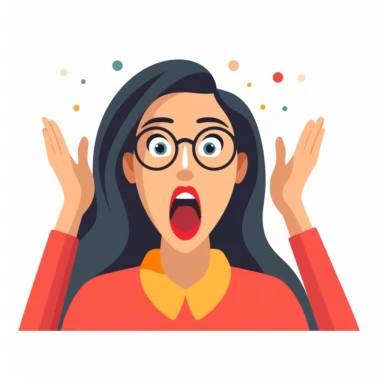 flat vector clipart on a white background. A lady with long dark hair and glasses looking very surprised and excited