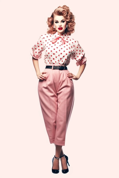 full body shot of a posing housewife against white background, in the style of vintage-inspired pin-ups, realistic figures, polka dot madness, pink and amber, against qhite background clipart png