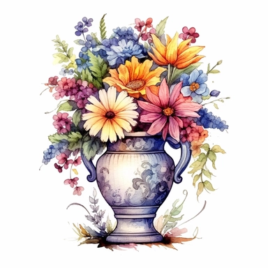 unique artistic vase with beutiful flowers clipart in watercolor white background