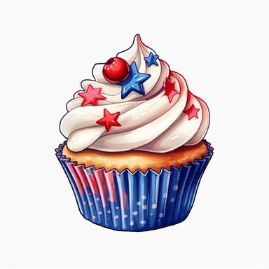 4th of July Patriotic Clip art of 4th of july patriotic cupcake, red, white & blue Full body realistic cartoon in 32K UHD cute, 8k with realistic watercolors and detailed illustrations. PNG clipart, Sublimation graphics, transparent white background for removing background - - no text shadow font watermark