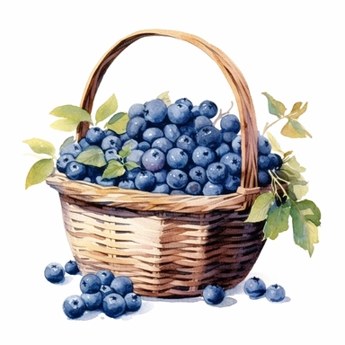 picturesque, simple, bright, the best simple Assorted blueberry in a basket in the world, clipart on white background, watercolor, painted by Beatrix Potter, 8k