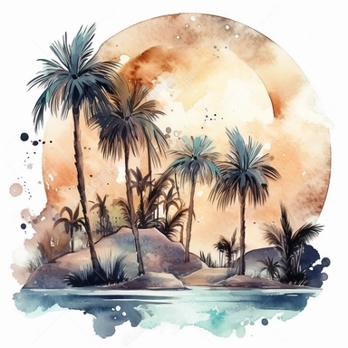 clipart style, watercolor scene of A dreamlike image of an Enigmatic Desert Oasis, showcasing the moon and stars illuminating a peaceful oasis. The palm trees create a sense of tranquility, while the night sky adds a touch of mystery and wonder. This captivating scene invites viewers to imagine the stories and adventures that unfold in this hidden oasis, HD, on white background