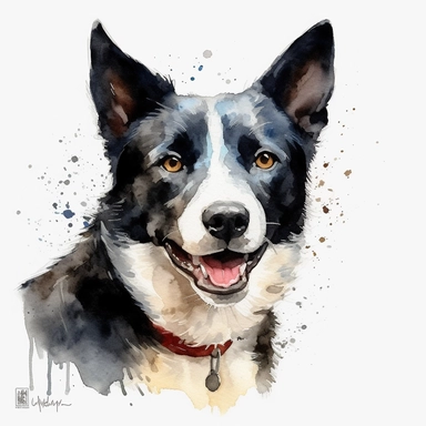 cute Karelian Bear Dog dog portrait, full face, centered shot, side shot, dynamically posed, in action, playful mood, happy mood, playing mood, cute face, adorable smile, childlike eyes, clean watercolor illustration, white background, nursery baby imagery, painting, detailed, 8k, PNG, clipart,