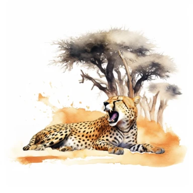 realistic watercolor cheetah taking a nap while yawning on a dry desert land with a huge tree under the shade on solid white background, clipart